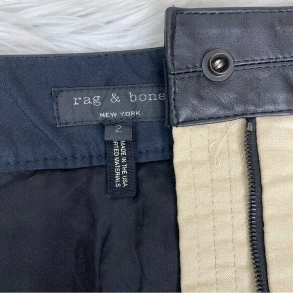 Rag‎ & Bone Tan Cotton Mini Skirt Black Leather Waistband Size 2 Made in USA